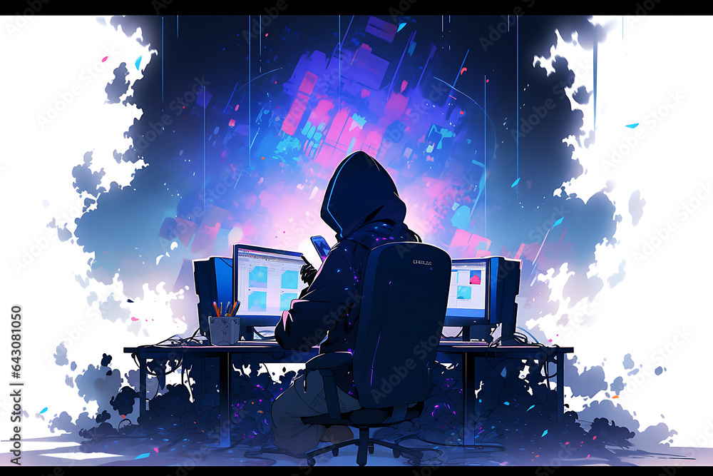 Poster hacker sitting at the computer, cyber security and anti-spyware concept . ai generated