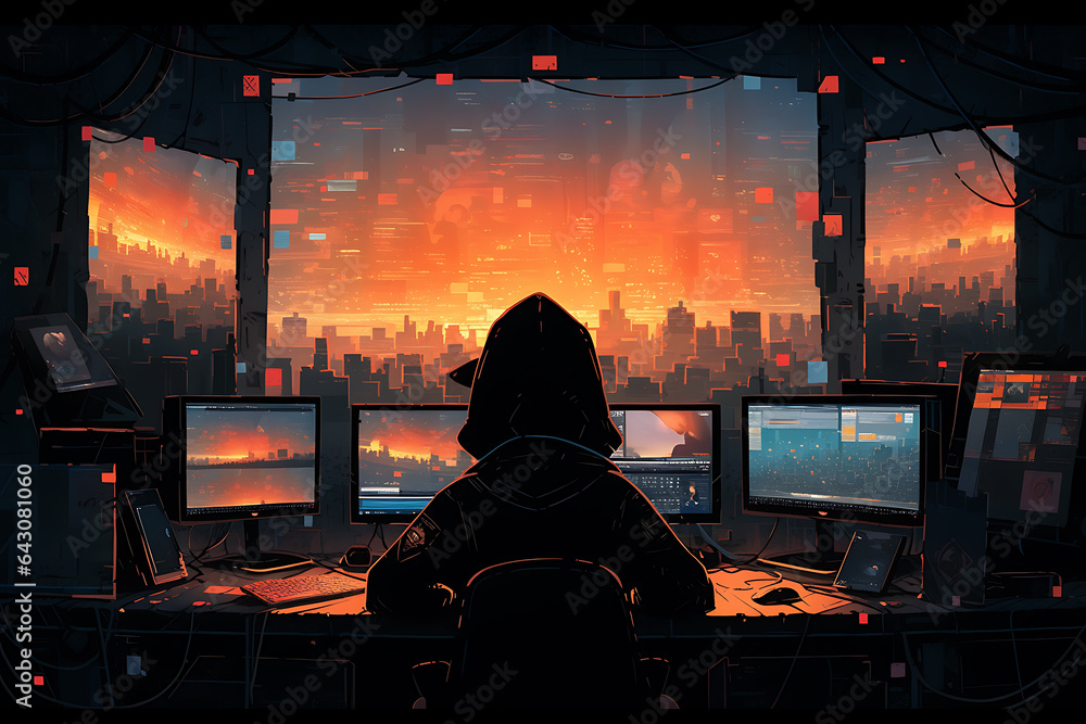 Poster hacker sitting at the computer, cyber security and anti-spyware concept