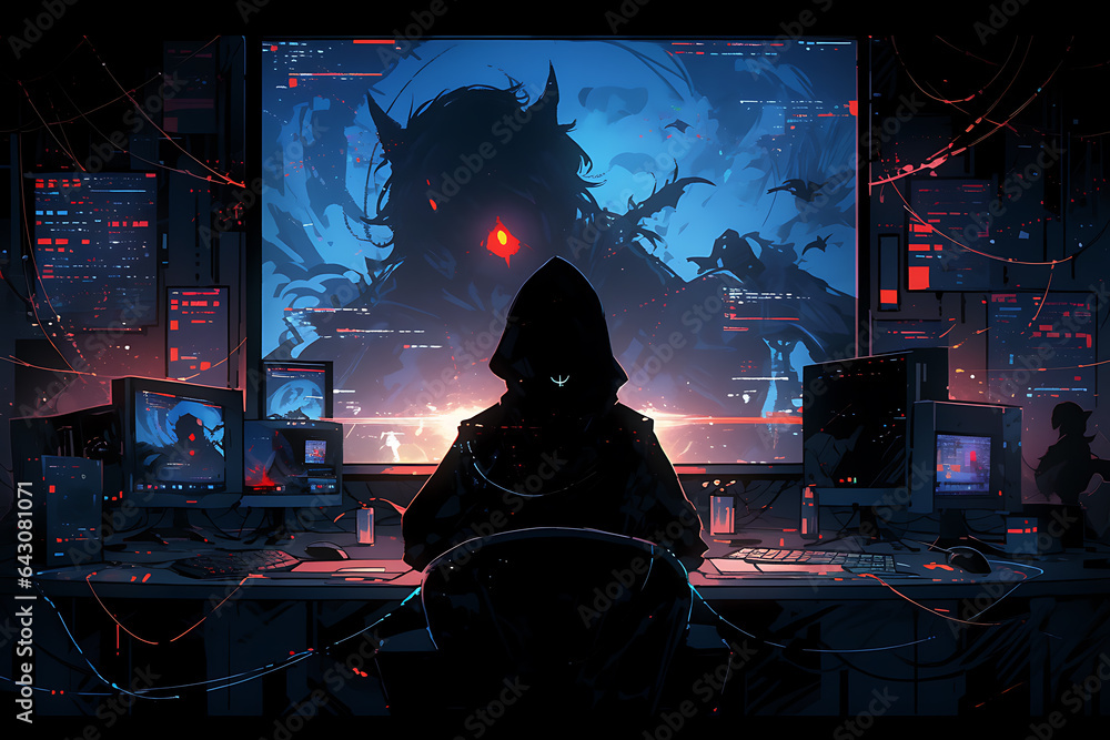 Poster hacker sitting at the computer, cyber security and anti-spyware concept