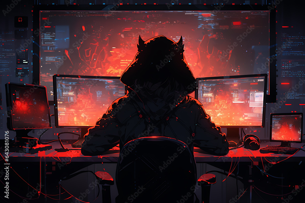 Poster hacker sitting at the computer, cyber security and anti-spyware concept