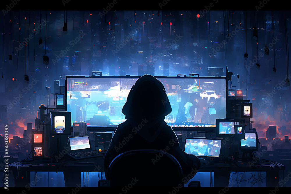 Poster hacker sitting at the computer, cyber security and anti-spyware concept