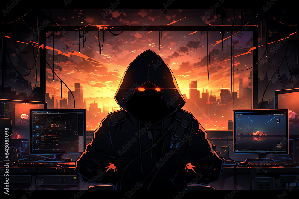 Poster hacker sitting at the computer, cyber security and anti-spyware concept