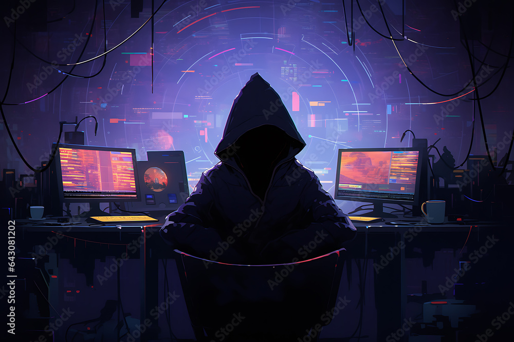 Poster hacker sitting at the computer, cyber security and anti-spyware concept