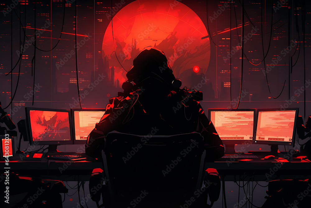 Poster hacker sitting at the computer, cyber security and anti-spyware concept