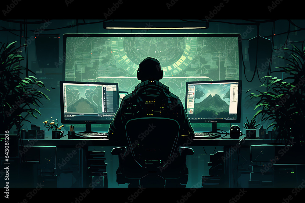 Poster hacker sitting at the computer, cyber security and anti-spyware concept