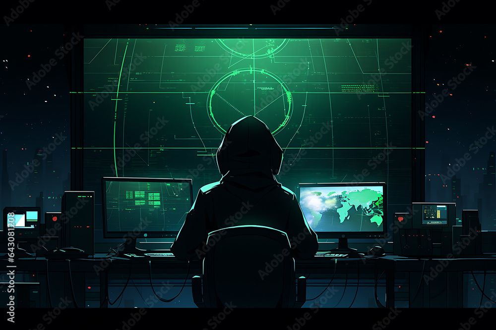 Poster hacker sitting at the computer, cyber security and anti-spyware concept