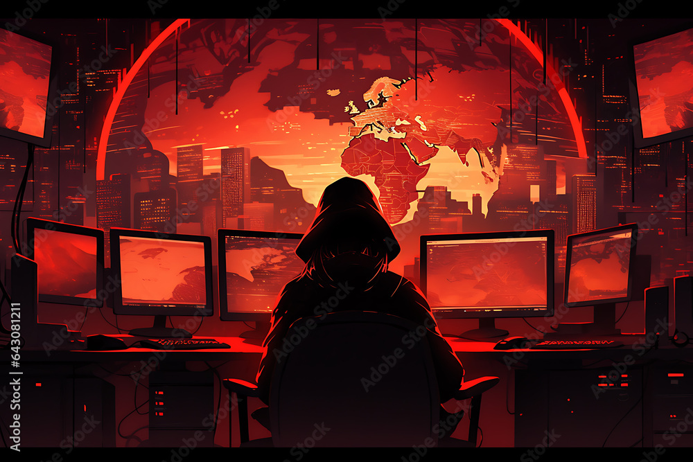 Poster hacker sitting at the computer, cyber security and anti-spyware concept