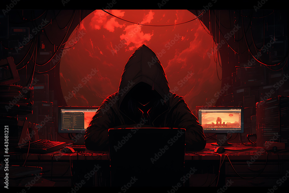 Poster hacker sitting at the computer, cyber security and anti-spyware concept