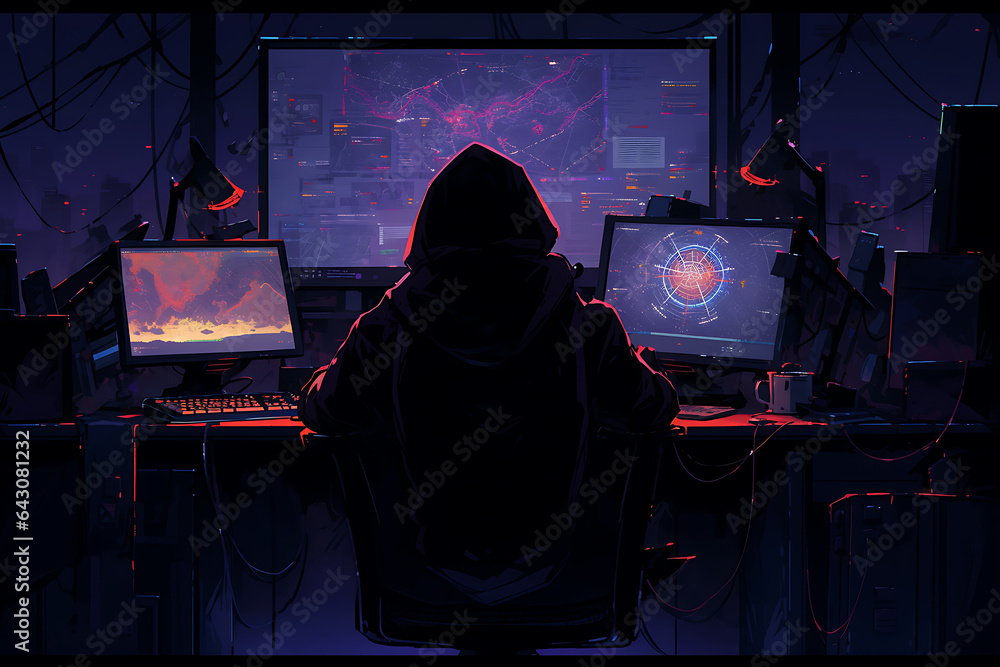 Poster hacker sitting at the computer, cyber security and anti-spyware concept