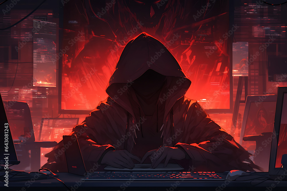 Poster hacker sitting at the computer, cyber security and anti-spyware concept