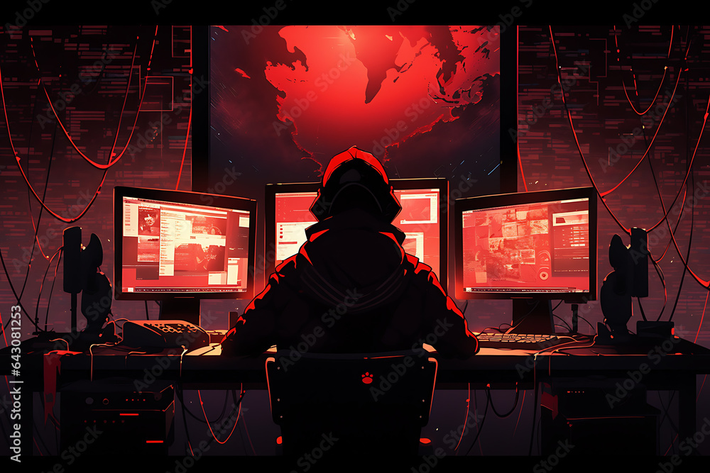 Poster hacker sitting at the computer, cyber security and anti-spyware concept