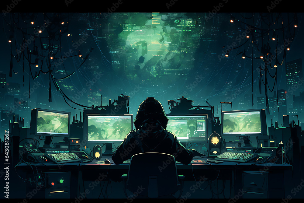 Poster hacker sitting at the computer, cyber security and anti-spyware concept