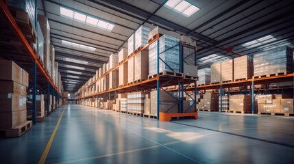 Distribution warehouse, A large warehouse with numerous items, Rows of shelves with boxes, Logistics, Inventory control.