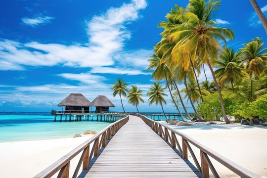 Coconut Palm tree on amazing perfect white sandy beach in island and a bridge to the bungalow. Perfect landscape background for relaxing vacation