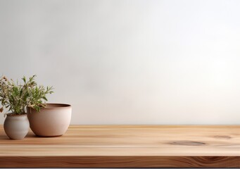 empty mockup space on a wooden tabletop against a plants on pot, minimal wooden living room as a background. AI Generative.
