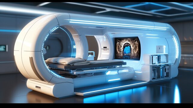 Advanced MRI or CT scan medical diagnosis machine at hospital, Health care.