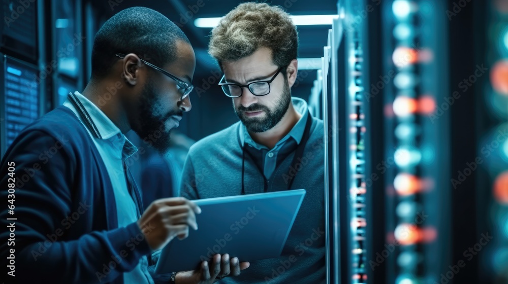 Poster IT Technician works on laptop computer and black male engineer colleague in Data Center while working next to server racks running diagnostics or doing maintenance work.