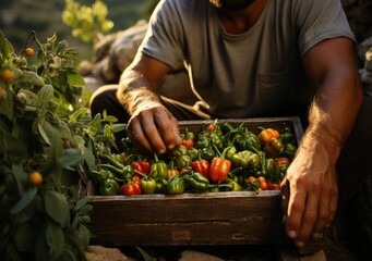 Young farmer with freshly picked Peppers in basket. Hand holding wooden box with vegetables in field. Fresh Organic Vegetable. AI Generative.