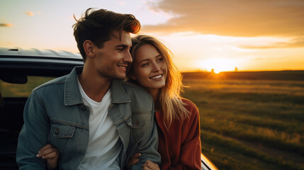 Young couple smiles against the backdrop of the setting sun during their trip