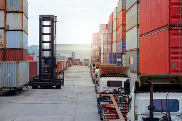 Container forklift truck and container yard view - obrazy, fototapety, plakaty