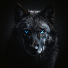 BLACK WOLF WITH  BLUE EYES, BLACK BACKGROUND.