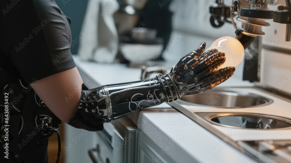 Aufkleber person with disability with bionic prosthetic arm adjust temperature on gas hob control panel.