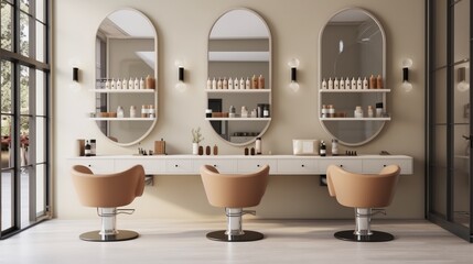 Beige salon interior with chairs in row and cosmetics on shelf, Mirrors, Hairdressing and beauty salon.