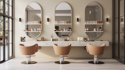 Glasbilder Schönheitssalon Beige salon interior with chairs in row and cosmetics on shelf, Mirrors, Hairdressing and beauty salon.