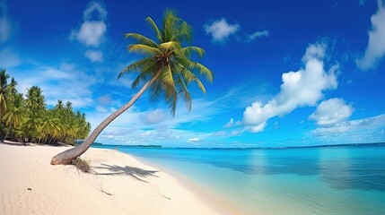 Obraz premium Beautiful palm tree on tropical island beach on background blue sky with white clouds and turquoise ocean on sunny day. Perfect natural landscape for summer vacation
