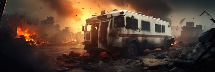 Ambulance burned destroyed in the middle of war zone city destruction background.