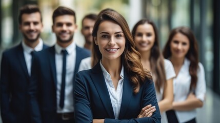 Fototapeta premium Business people standing in a row formal cloth smile confident and cheerful in modern office background.