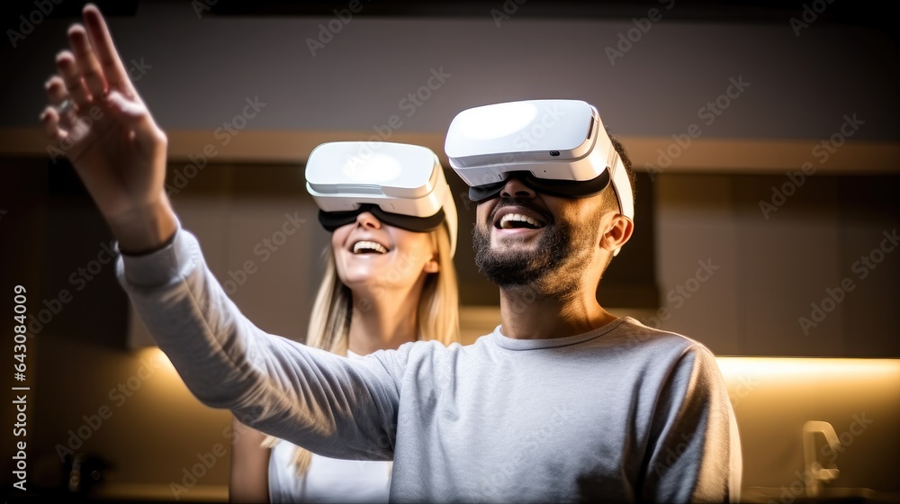 Aufkleber Man and woman are having fun by using a virtual reality headset at home, standing and looking and pointing finger at objects in virtual reality.
