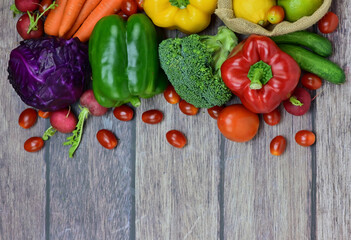Healthy food background, healthy vegetarian food in paper bags, fruits and vegetables, banner copy...