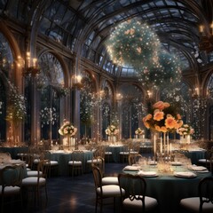 the grand dining hall. wedding reception. Dinning Hall with tables seats. AI Generative.