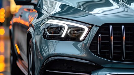 Fototapeta premium Car headlights, Close up of detail light on new car, Exterior detail.