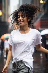 Rain Dance in the City: Female Model in White T Shirt
