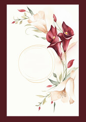 Watercolor Anniversary Invitation Card Template, Romance, Deep Burgundy and glistening Champagne Gold hues ,  elegant  Calla Lilies, symbols of beauty and devotion