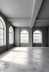 Empty gray room interior with windows in modern office.