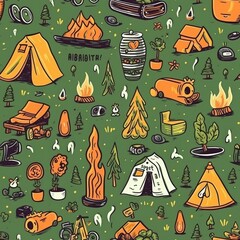 Cute hand drawn seamless pattern with camping doodles, tents, landscape and trails, great for textiles, banners, wallpapers. AI Generative.