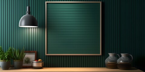 Mock up poster frame in kitchen interior and accessories with dark green wooden slatted wall background - obrazy, fototapety, plakaty