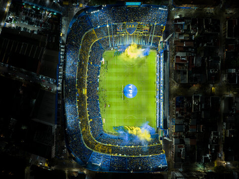 Buenos Aires, Argentina; May 28, 2023: Night aerial photo of Boca Juniors Stadium. Football stadium from Argentina. "The Bombonera". Zenith view.