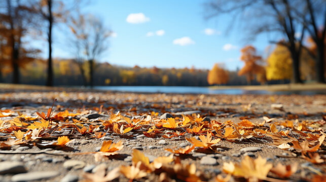 A carpet of beautiful yellow and orange fallen leaves against a blurred natural park and blue sky on a bright sunny day. Natural autumn landscape.