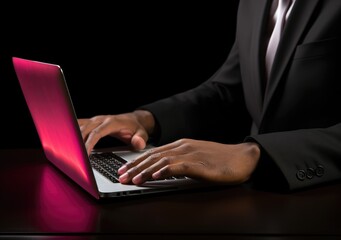 closeup with hand of businessman using laptop, with out door cafe, chilling, technology concept. AI Generative.