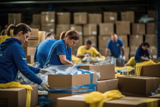 Team blue and yellow of diverse volunteers in protective gloves sorting, packing foodstuff in cardboard boxes, working together on donation project indoors