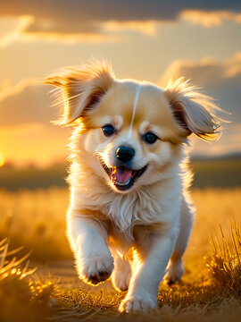 Photo of a very cute puppy running in a golden wheat field
