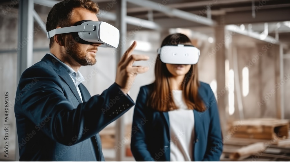 Poster analyzing building structure, man client wearing vr glasses imagining future interior with designer 