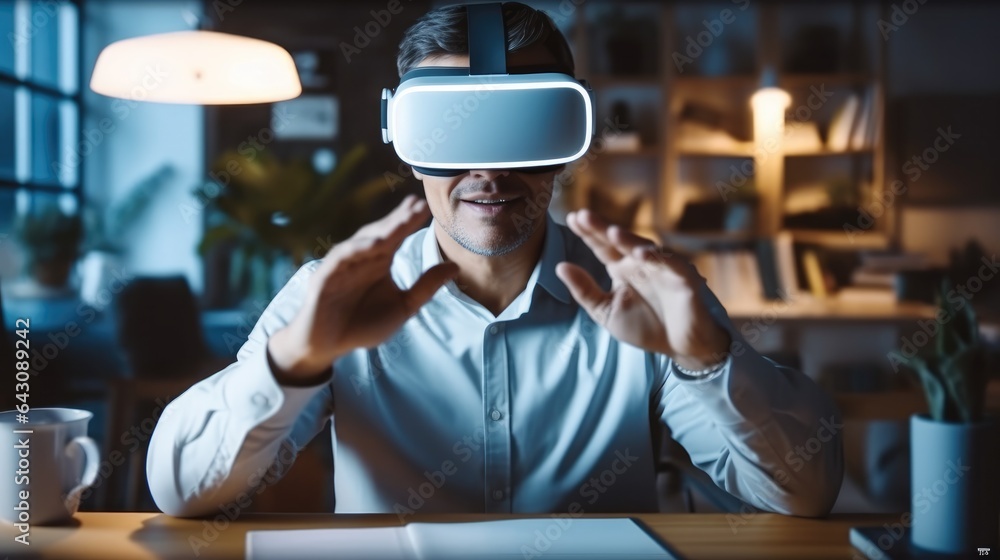 Poster Man wearing a VR headset and interacting with virtual screens at home, Experiencing virtual reality.