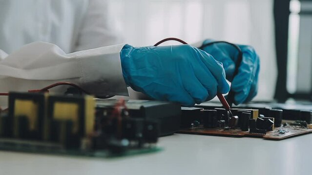 Debugging electronics device. PCB witch microcontroller in electronics laboratory
