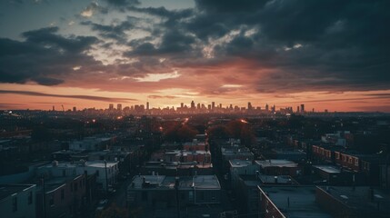 Fototapeta premium Twilight Tranquility: A mesmerizing aerial view of an urban panorama bathed in soft twilight hues, capturing the serene ambiance of a city at dusk.