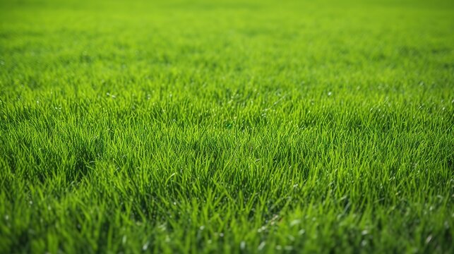 Wide background image of green carpet of neatly trimmed grass. Beautiful grass texture on bright green mowed lawn, field, grassplot in nature.